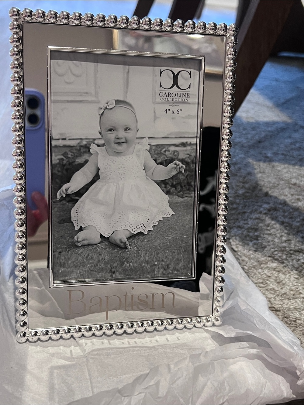 Caroline Collection by Roman Inc Silver Mirrored Baptism Frame Beaded Edge 4"x6"